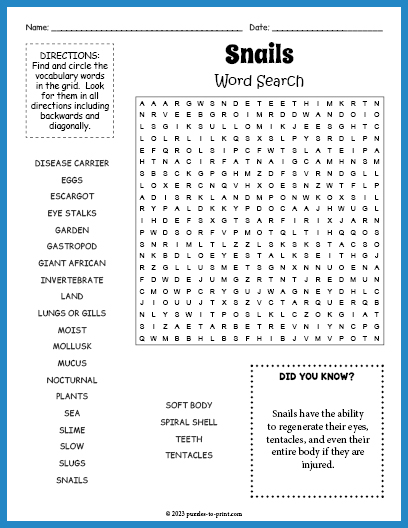 Snails Word Search