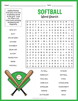 Free printable Softball Word Search puzzle worksheet