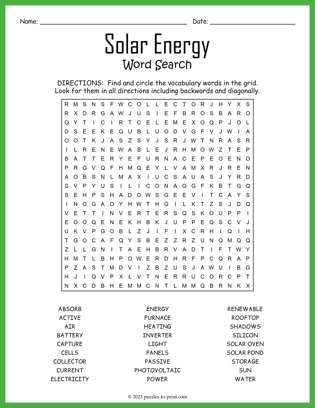 Solar Energy Word Search