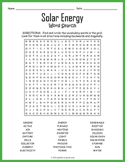 Free printable Solar Energy Word Search puzzle worksheet