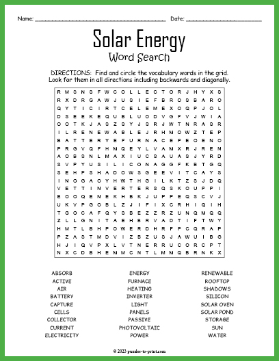 Solar Energy Word Search