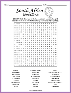 Free printable South Africa Word Search puzzle worksheet