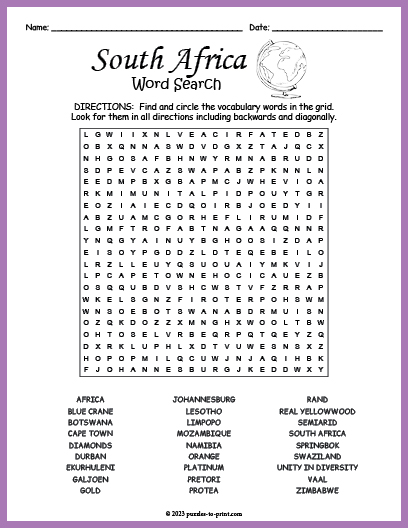 South Africa Word Search