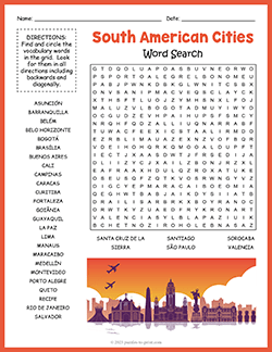 Free printable South American Cities Word Search puzzle worksheet