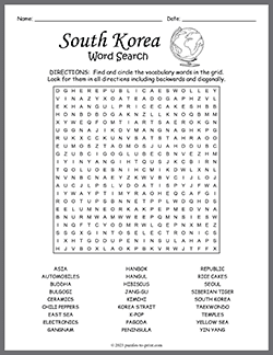 Free printable South Korea Word Search puzzle worksheet