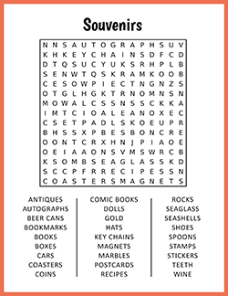 Free printable Souvenirs Word Search puzzle worksheet