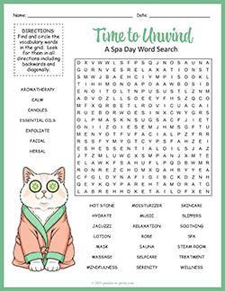 Free printable Spa Day Word Search puzzle worksheet