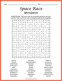 Free printable Space Race Word Search puzzle worksheet