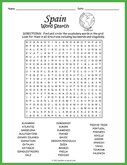 Free printable Spain Word Search puzzle worksheet