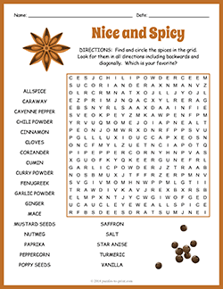 Free printable Spices Word Search puzzle worksheet