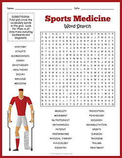 Free printable Sports Medicine Word Search puzzle worksheet