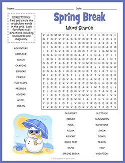Free printable Spring Break Word Search puzzle worksheet