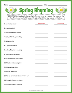 Free printable Spring Hink Pinks puzzle worksheet