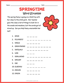 Free printable Springtime Word Scramble puzzle worksheet