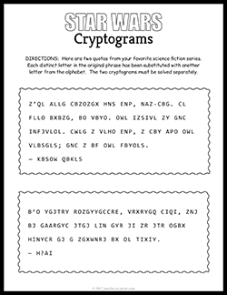Free printable Star Wars Cryptogram puzzle worksheet
