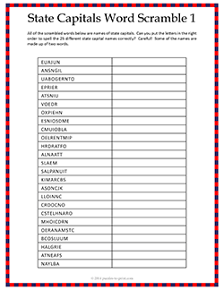 Free printable State Capitals Word Scramble 1 puzzle worksheet