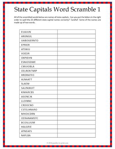 State Capitals Word Scramble Worksheet 1