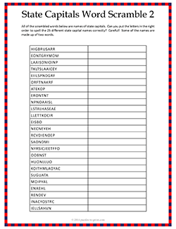 Free printable State Capitals Word Scramble 2 puzzle worksheet