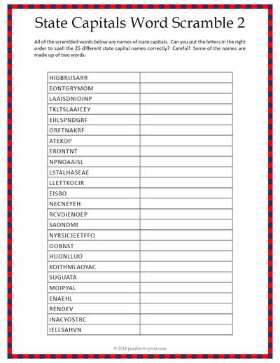 State Capitals Word Scramble - Worksheet 2