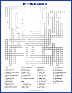 Free printable State Nicknames Crossword puzzle worksheet
