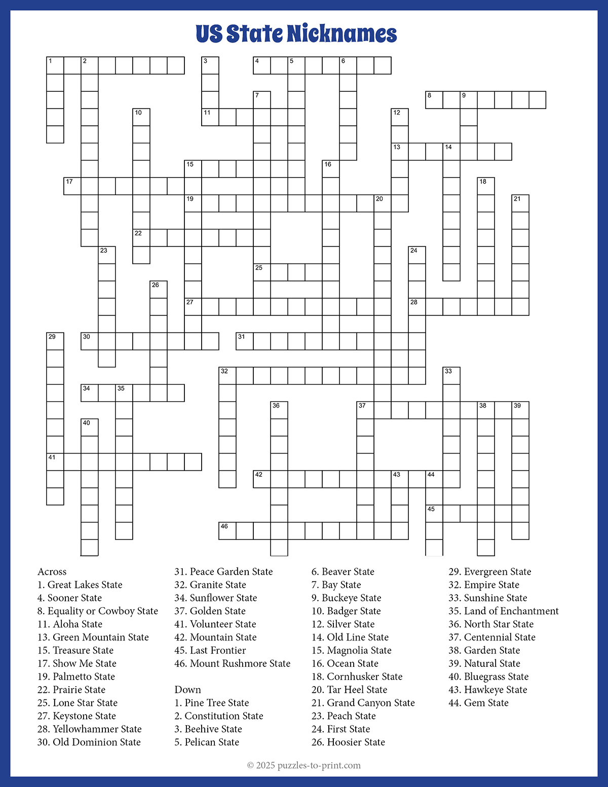 US State Nicknames Crossword Puzzle