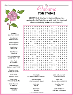 Free printable State Symbols of Alabama Word Search puzzle worksheet