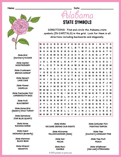 State Symbols of Alabama Word Search