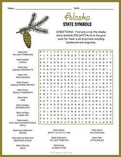 Free printable State Symbols of Alaska Word Search puzzle worksheet