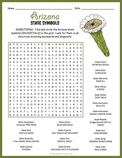 Free printable State Symbols of Arizona Word Search puzzle worksheet