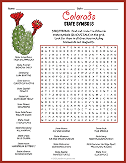 Free printable State Symbols of Colorado Word Search puzzle worksheet