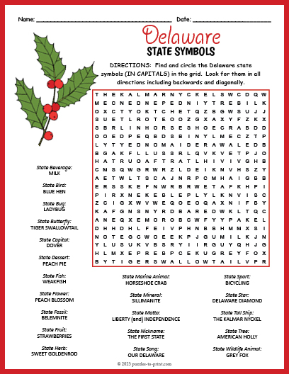 State Symbols of Delaware Word Search