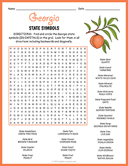 Free printable State Symbols of Georgia Word Search puzzle worksheet