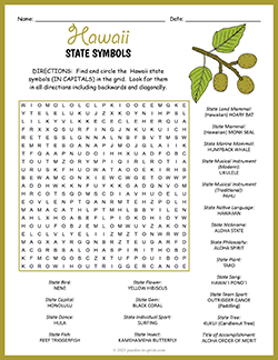 Free printable State Symbols of Hawaii Word Search puzzle worksheet