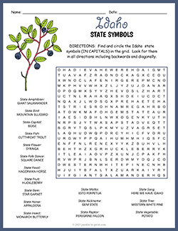 Free printable State Symbols of Idaho Word Search puzzle worksheet