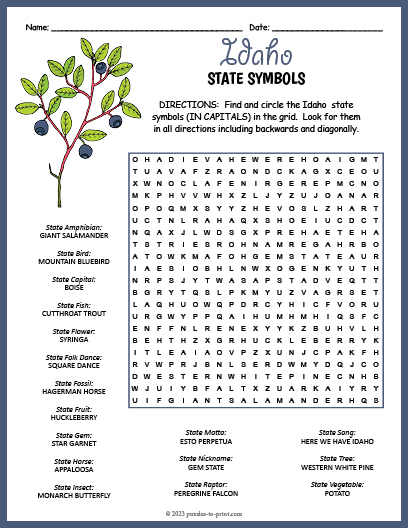 State Symbols of Idaho Word Search