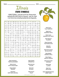 Free printable State Symbols of Illinois Word Search puzzle worksheet