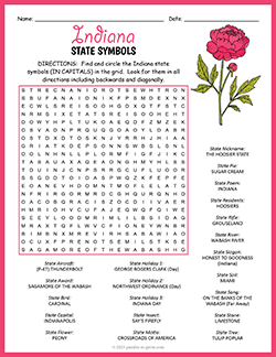 Free printable State Symbols of Indiana Word Search puzzle worksheet
