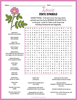 Free printable State Symbols of Iowa Word Search puzzle worksheet