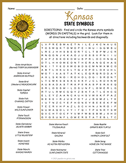 Free printable State Symbols of Kansas Word Search puzzle worksheet