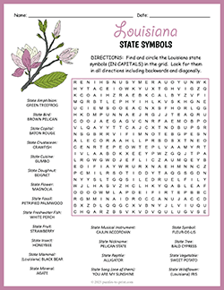 Free printable State Symbols of Louisiana Word Search puzzle worksheet