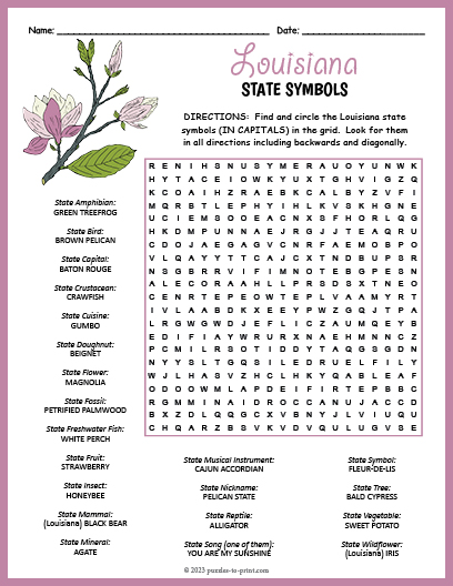 State Symbols of Louisiana Word Search