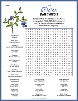 Free printable State Symbols of Maine Word Search puzzle worksheet