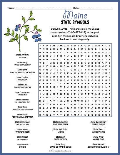 State Symbols of Maine Word Search