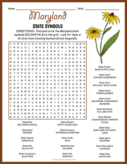 Free printable State Symbols of Maryland Word Search puzzle worksheet