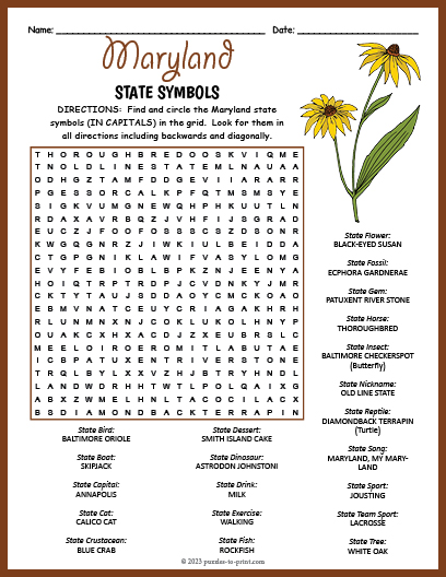 State Symbols of Maryland Word Search