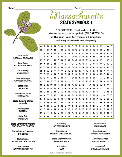 State Symbols of Massachusetts Word Search
