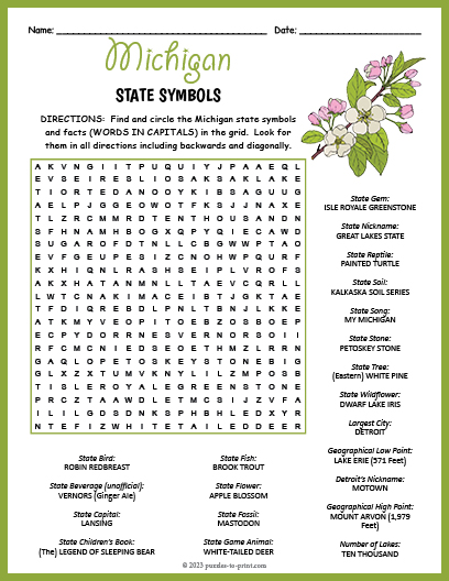 State Symbols of Michigan Word Search