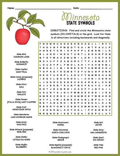 State Symbols of Minnesota Word Search