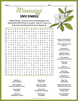 Free printable State Symbols of Mississippi Word Search puzzle worksheet