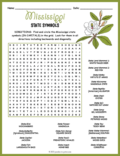 State Symbols of Mississippi Word Search